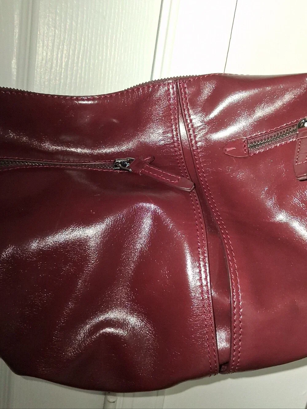 ZARA Large Burgundy Leather Crescent Shoulder Bag Double Buckle Strap Zip  close